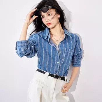 Новые женские джинсовые пальто осенние повседневные винтажные полосатые длинные рукава свободные синие куртки на пуговицах One Size синий