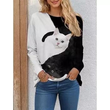Новые женские футболки с цветным рисунком кота, черно-белые, с длинным рукавом, на каждый день, на выходные, с забавным круглым вырезом, стандартный крой, весна и осень S