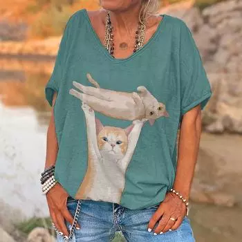 Новые женские футболки с принтом кота из мультфильма, женский укороченный топ больших размеров, летняя винтажная рубашка 2024, дизайнерская рубашка с короткими рукавами, женская одежда S