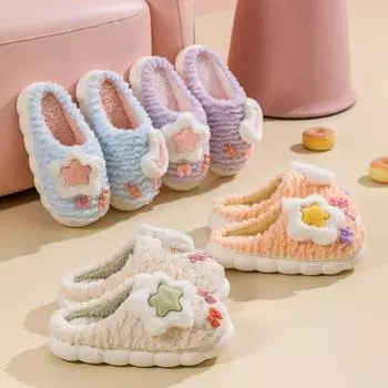 Новые женские хлопковые тапочки с милым рисунком звезды и луны, утолщенные и ворсистые, теплые пушистые домашние хлопковые тапочки 36-37