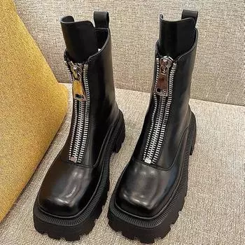 Новые женские и мужские кожаные ботильоны с круглым носком, на толстой подошве, эластичные, короткие, классные, обувь Botas De Mujer 43 44 35 чёрный