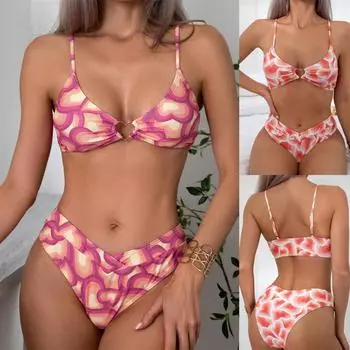 Новые женские индивидуальные нерегулярные цветные блоки с принтом, разделенные купальники бикини, сексуальные купальники с открытой спиной и бретельками, модные купальники Tie Dye Love Holiday Beach Bikini S фиолетовый