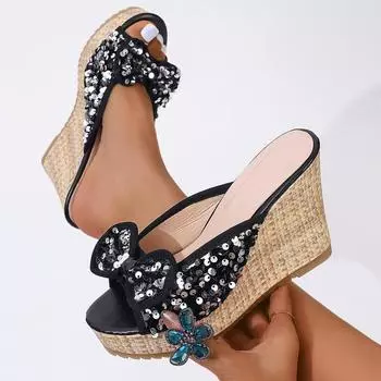 Новые женские классные тапочки с наклонным каблуком, женские односложные тапочки на толстой подошве с высоким каблуком, расшитые блестками, для пляжа, женские тапочки 36 чёрный