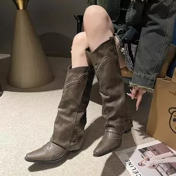 Новые женские ковбойские сапоги, модные элегантные женские сапоги на квадратном каблуке, длинные сапоги, ретро-женская зимняя обувь Zapatos 35
