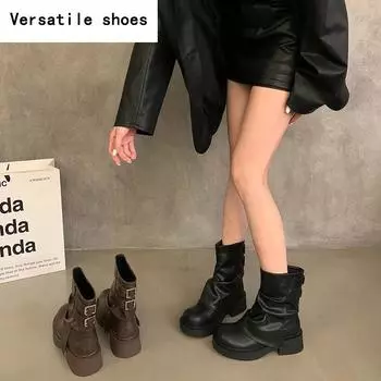 Новые женские ковбойские сапоги в стиле вестерн, модные короткие сапоги без застежек, осенне-зимняя женская обувь на толстом каблуке 35