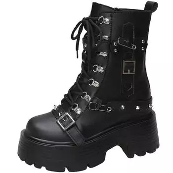 Новые женские кожаные панк-сапоги на высокой платформе, массивные кроссовки, осенние ботинки на танкетке высотой 9 см, женские зимние мотоциклетные ботинки 34 бежевый
