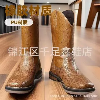 Новые женские кожаные сапоги с круглой головкой и вышивкой в европейском стиле, рыцарские сапоги на среднем каблуке, ботинки Martin 40-43, импортные торговые сапоги 39 синий