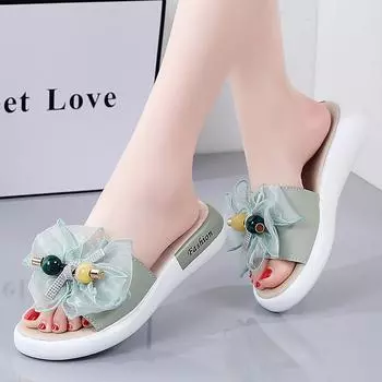 Новые женские кожаные тапочки, уличные пляжные сандалии на плоской танкетке, повседневная удобная обувь с бантом, нескользящие женские шлепанцы на платформе 35 бежевый