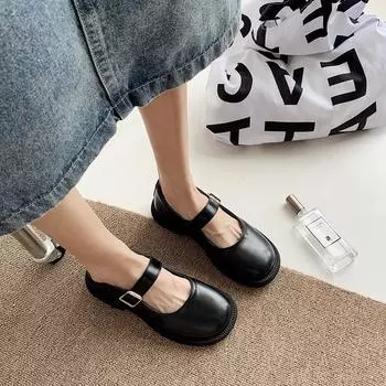 Новые женские кожаные туфли Мэри Джейн в корейском стиле, универсальные, в ретро-британском стиле, на толстой подошве, весна и лето 35 чёрный