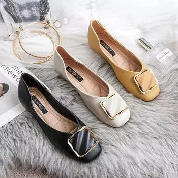 Новые женские кожаные туфли на плоской подошве, весенние туфли для девочек с круглым носком и квадратной пряжкой, повседневные кожаные туфли, мокасины без застежек, большой размер 33-43 33 бежевый