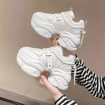 Новые женские кроссовки из массивной кожи на платформе 8 см, спортивная обувь для папы, новая осенняя дышащая повседневная обувь с толстой подошвой, весна 34 белый