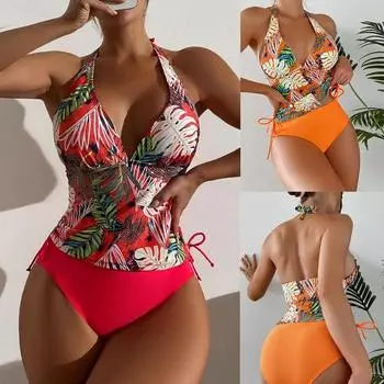 Новые женские купальники бикини на шнуровке с разрезом, сексуальные купальники с открытой спиной и высокой талией, модный купальник с принтом листьев, новинка, консервативный комплект бикини из двух предметов S красный