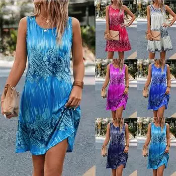 Новые женские летние платья с нерегулярным принтом и круглым вырезом, повседневное платье без рукавов s-xxxxxl S темно-синий