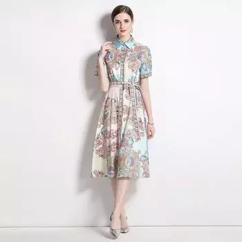 Новые женские летние повседневные платья с коротким рукавом и этническим принтом в западном стиле, однобортное длинное платье-рубашка миди, праздничное платье M розовый