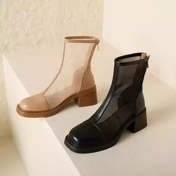 Новые женские летние сапоги с квадратным носком и очень высоким каблуком, однотонные, модные, солнцезащитные, с молнией сзади, удобные, с сеткой до щиколотки 34 чёрный