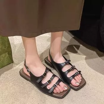 Новые женские летние тапочки с открытым носком, квадратной формы, пряжкой на ремне, повседневные удобные сандалии с мягкой нескользящей подошвой 35