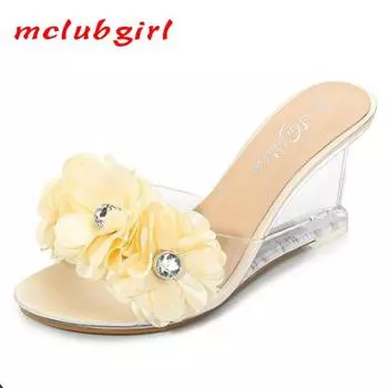 Новые женские летние универсальные туфли на высоком каблуке с цветами, простые босоножки на наклонном каблуке, прозрачные туфли на каблуке LFD 38 розовый