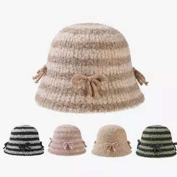 Новые женские милые полосатые шляпы-ведра с бантом, теплые ретро-шляпы с солнцезащитным козырьком, осенне-зимние, модные, цветные, рыболовные шапки, универсальные, повседневные