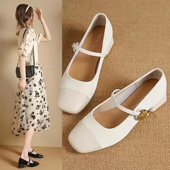 Новые женские милые туфли в стиле Лолиты с квадратным носком и низким каблуком, симпатичные классические балетки на плоской подошве, женские кожаные туфли Мэри Джейн с пряжкой 34 чёрный