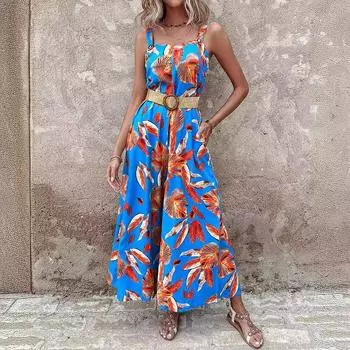 Новые женские модные брюки 2025 года с принтом, широкие брюки, комбинезон на талии с поясом S