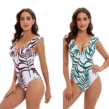 Новые женские модные цельные купальники бикини с принтом листьев и двойными летящими краями и оборками по краям, облегающие и сексуальные пляжные бикини с открытой спиной S красный