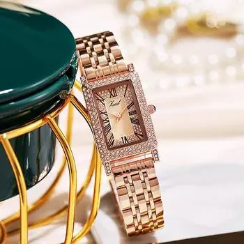 Новые женские модные маленькие квадратные часы, роскошные часы с золотым стальным ремешком, инкрустированные бриллиантами, квадратные модные быстрые женские часы розового золота