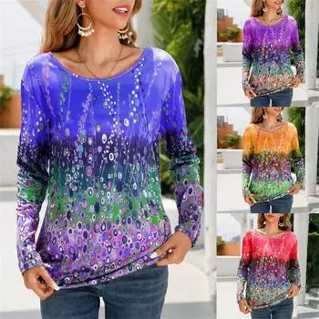 Новые женские модные рубашки с длинными рукавами и принтом в горошек, блузки, свободные топы с круглым вырезом S ярко-розовый