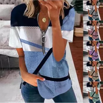 Новые женские модные свободные футболки с короткими рукавами и принтом на молнии, топы S синий