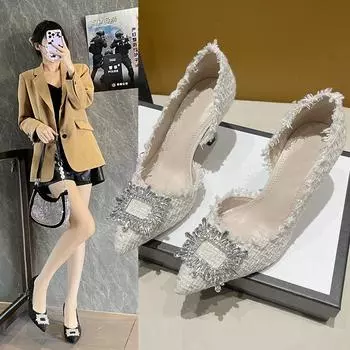 Новые женские модные туфли на высоком каблуке со стразами и квадратной пряжкой для подружек невесты, туфли-лодочки с острым носком, туфли на высоком каблуке 34