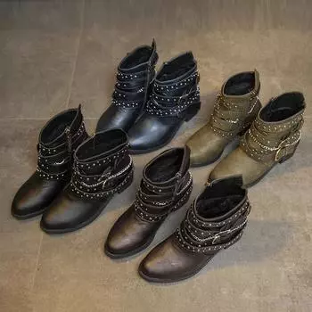 Новые женские мотоциклетные ботинки на квадратном каблуке, ботильоны с заклепками и молнией, женские уличные туфли, ковбойские ботинки, большой размер 43 36 зелёный