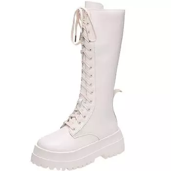 Новые женские мотоциклетные сапоги до колена, женская мода, толстая подошва, платформа, плоские каблуки, молния, Botas Femininas, длинные сапоги 35