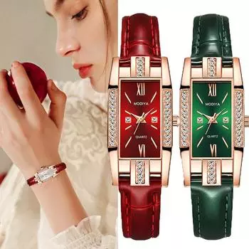 Новые женские наручные часы повседневные квадратные кварцевые роскошные бриллиантовые винтажные модные часы с кожаным ремешком зелёный