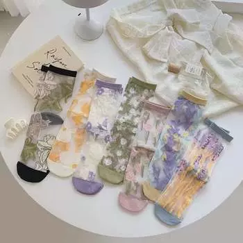 Новые женские носки, модные прозрачные сетчатые шелковые носки, ультратонкие прозрачные кружевные носки с кристаллами, сказочные эластичные летние носки с цветком 35-40