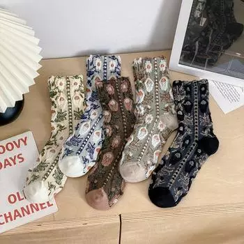 Новые женские носки японская мода винтажные средние носки женские цветочные жаккардовые тисненые длинные носки в стиле Харадзюку ретро подарки бежевый