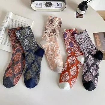Новые женские носки с этническим тиснением, японская мода, винтажные длинные носки, женские носки Harajuku Retro Cotton Knitted Medium Tube Socks EUR 35-39 тёмно-синий