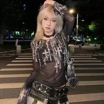 Новые женские облегающие футболки с индивидуальным принтом Y2k, эстетические модные футболки в стиле Харадзюку, уличная одежда, футболки с длинными рукавами Femme S