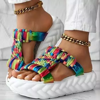 Новые женские однотонные плетеные сандалии, сандалии на платформе, универсальные летние удобные шлепанцы 35 чёрный