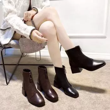 Новые женские осенне-зимние ботинки в стиле пэчворк с квадратным носком и модными ботильонами, с квадратной застежкой-молнией спереди P409 35 чёрный