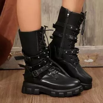 Новые женские осенне-зимние модные ботинки до середины икры на молнии Botas Mujer, спортивная женская обувь до колена на платформе и каблуке 36 чёрный