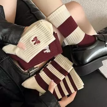 Новые женские осенне-зимние носки Ankola красные, средней длины, с вышитым бантом one size