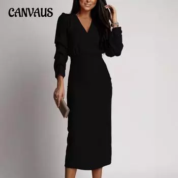 Новые женские осенне-зимние однотонные элегантные вечерние платья с длинными рукавами и V-образным вырезом S чёрный