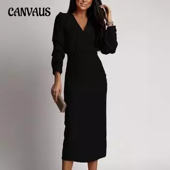 Новые женские осенне-зимние однотонные элегантные вечерние платья с длинными рукавами и V-образным вырезом S чёрный