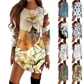 Новые женские осенне-зимние платья-футболки с длинными рукавами и принтом в стиле ретро, нерегулярные плиссированные платья с круглым вырезом L