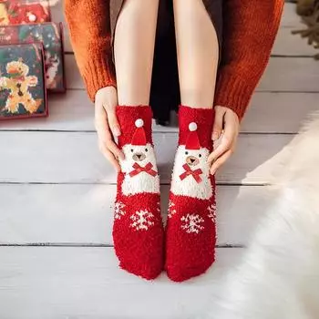 Новые женские осенне-зимние утолщенные носки из кораллового флиса на Рождество, женские носки-тапочки до середины икры, носки для сна с трехмерным рисунком average size красный