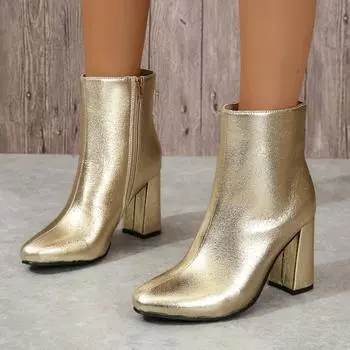 Новые женские осенние ботинки на толстом голенище с острым носком и боковой молнией, противоскользящие, износостойкие, темпераментные короткие ботинки 36 золотой