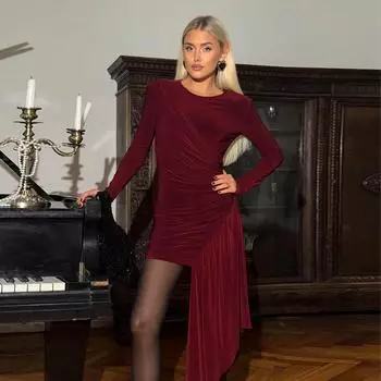 Новые женские платья, элегантные, с круглым вырезом, с плиссировкой, с длинным рукавом, повседневные, облегающие, розовые, сексуальные, черные, короткие платья, уличные, шикарные, вечерние платья L коричневый