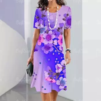 Новые женские платья, элементы 3D-цветочной печати, элегантные повседневные платья с коротким рукавом, модные женские платья больших размеров 2024 года S