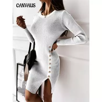 Новые женские платья осень-зима однотонные с длинными рукавами, высоким воротом, декорированные пуговицами, с разрезом S белый