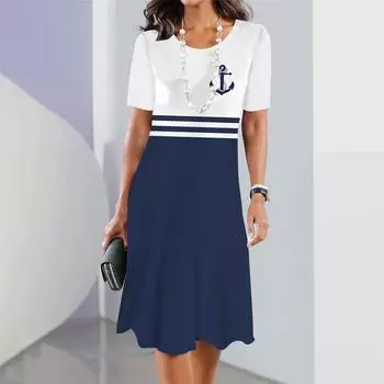 Новые женские платья с 3D-принтом, якорный принт, платья миди для отпуска, женские элегантные платья, летнее платье с коротким рукавом, модное платье большого размера S