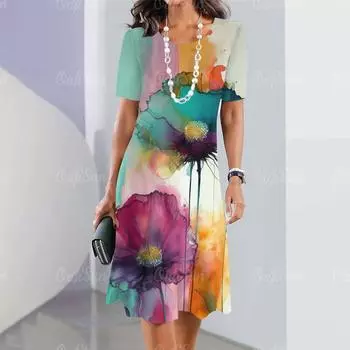 Новые женские платья с цветочным принтом 3D, летние роскошные платья миди, женское платье с коротким рукавом, модная одежда больших размеров S